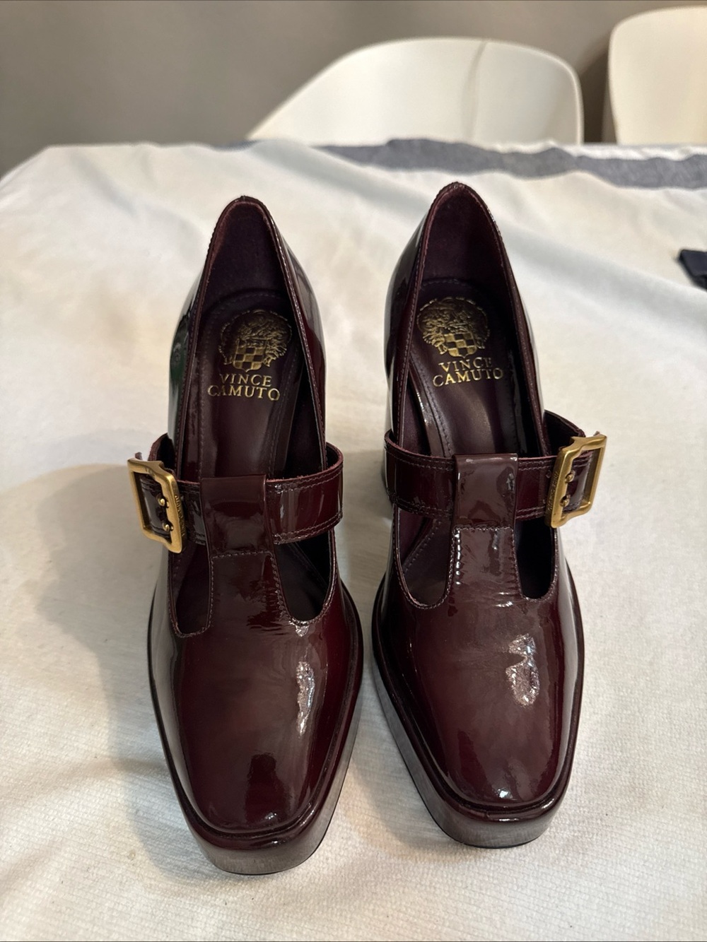 Vince Camuto Deep Burgundy Patent Leather Mary Jane Pumps with Gold Buckle